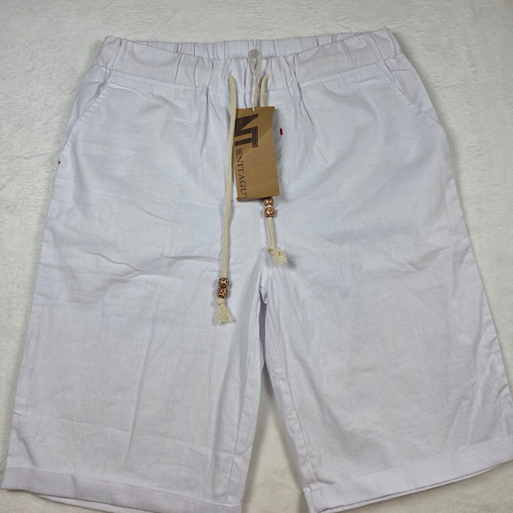 Nitagut Mens White Linen Blend Drawstring Shorts XS New With Tags Elastic‎ Waist